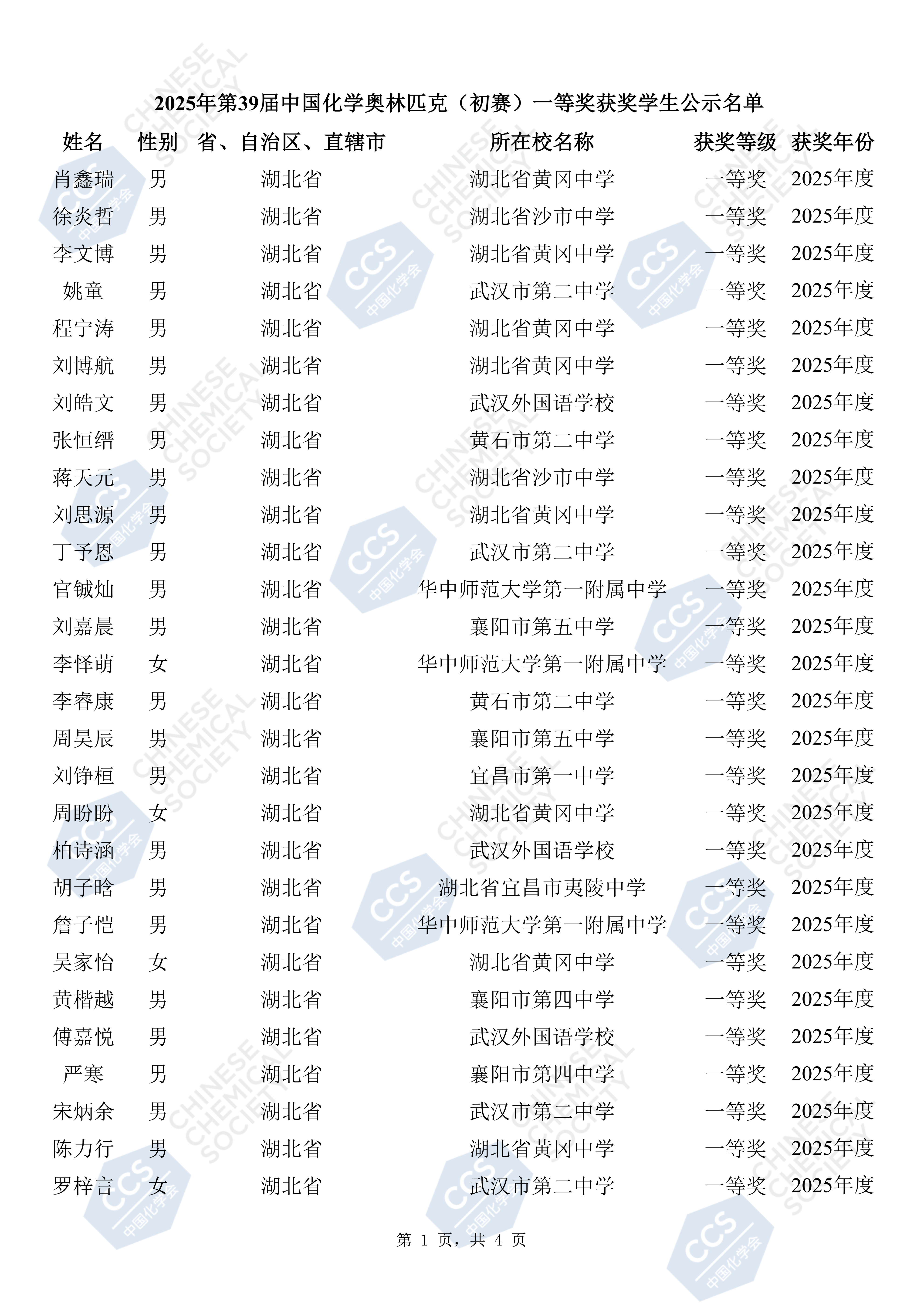 湖北省2025年全国中学生化学竞赛初赛省一获奖名单